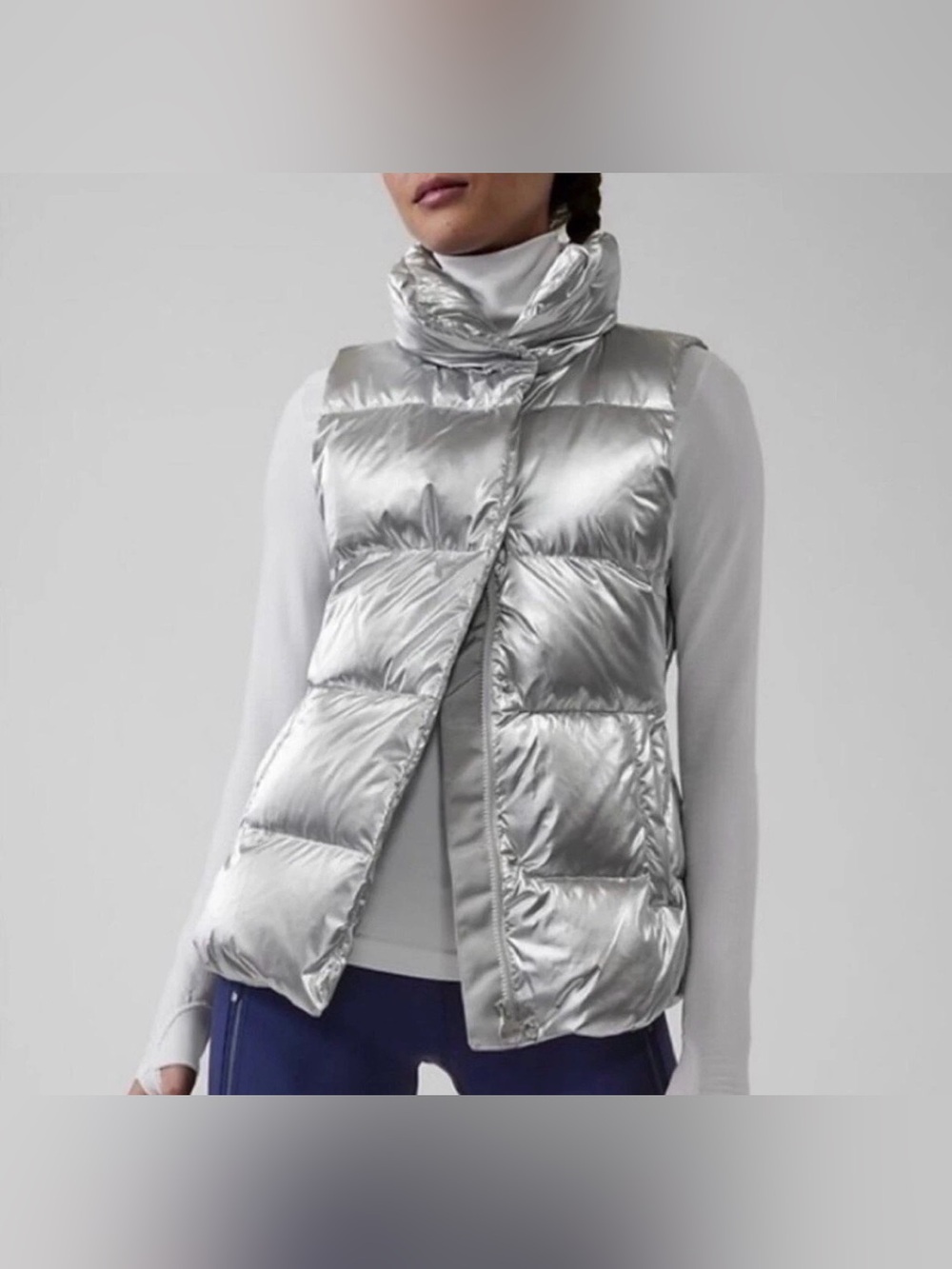 Athleta Downtown Shine Vest in a metallic silver finish